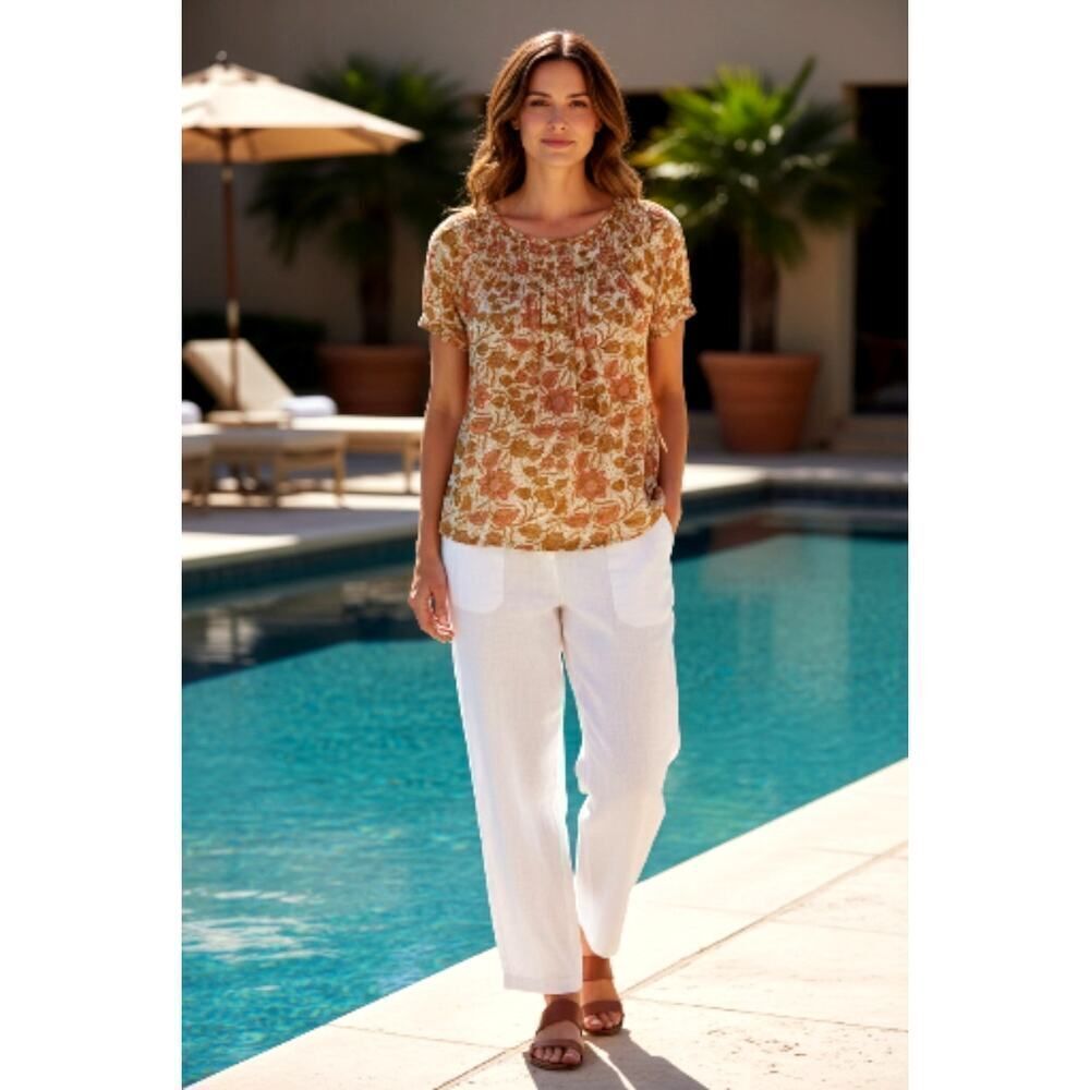 Lucky Brand Women's Floral Top - White & Brown/Pink - Size: Medium
